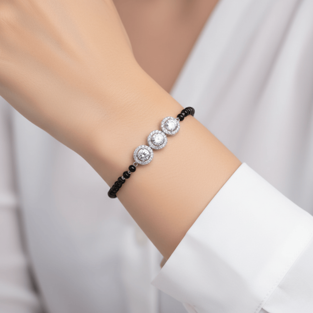 Black Beads Triple Zircon Bracelet