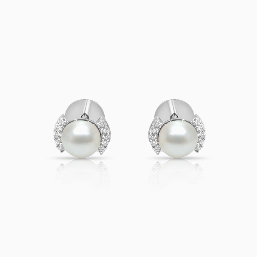 Pearl Half Zircon Silver Earrings