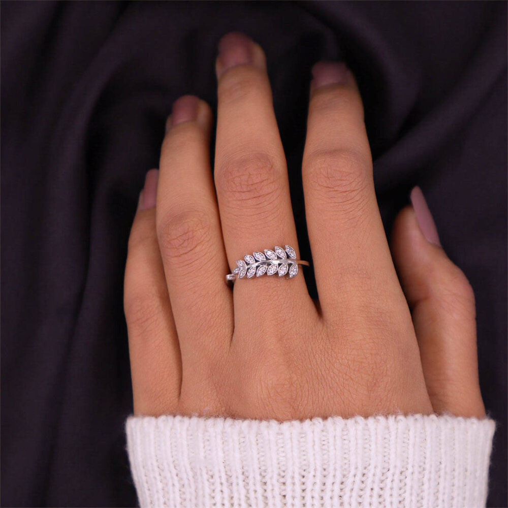Leaf Zircon Silver Couple Ring 4