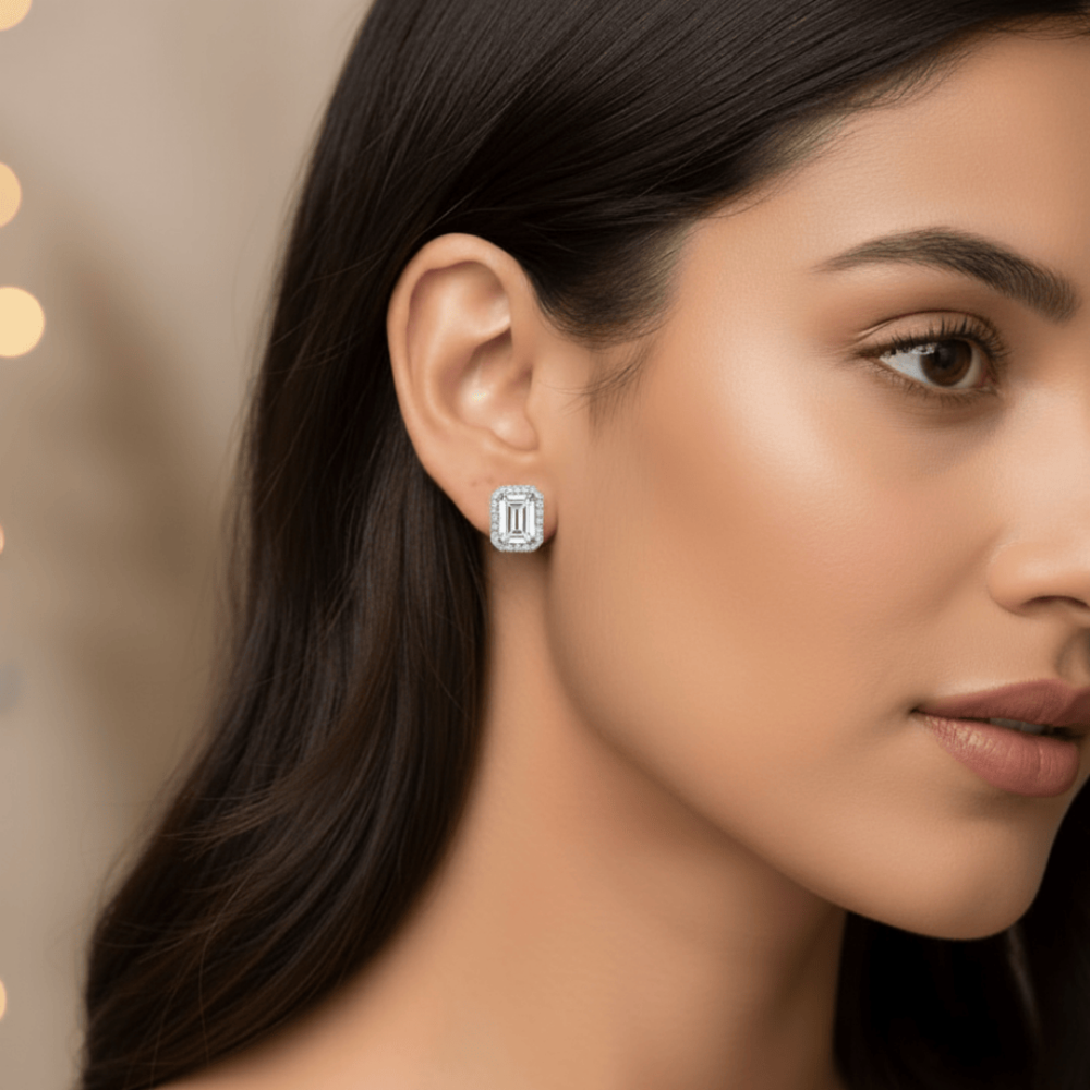 Emerald Cut Silver Studs