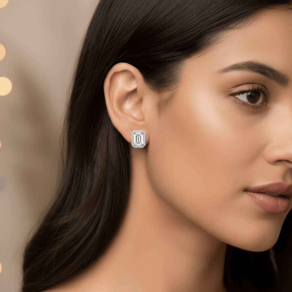 Emerald Cut Silver Studs 2
