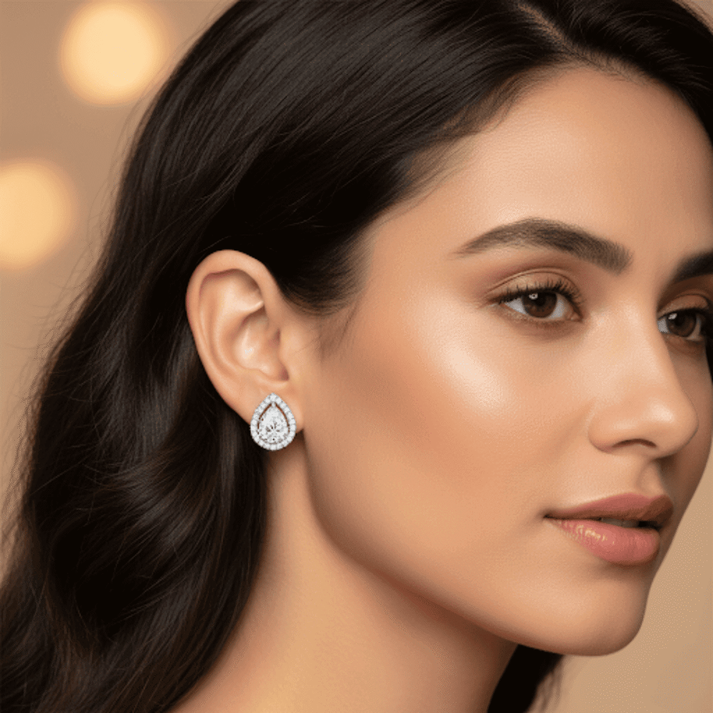 Sterling Silver Teardrop Halo Stud Earrings with Sparkling CZ Stones 2