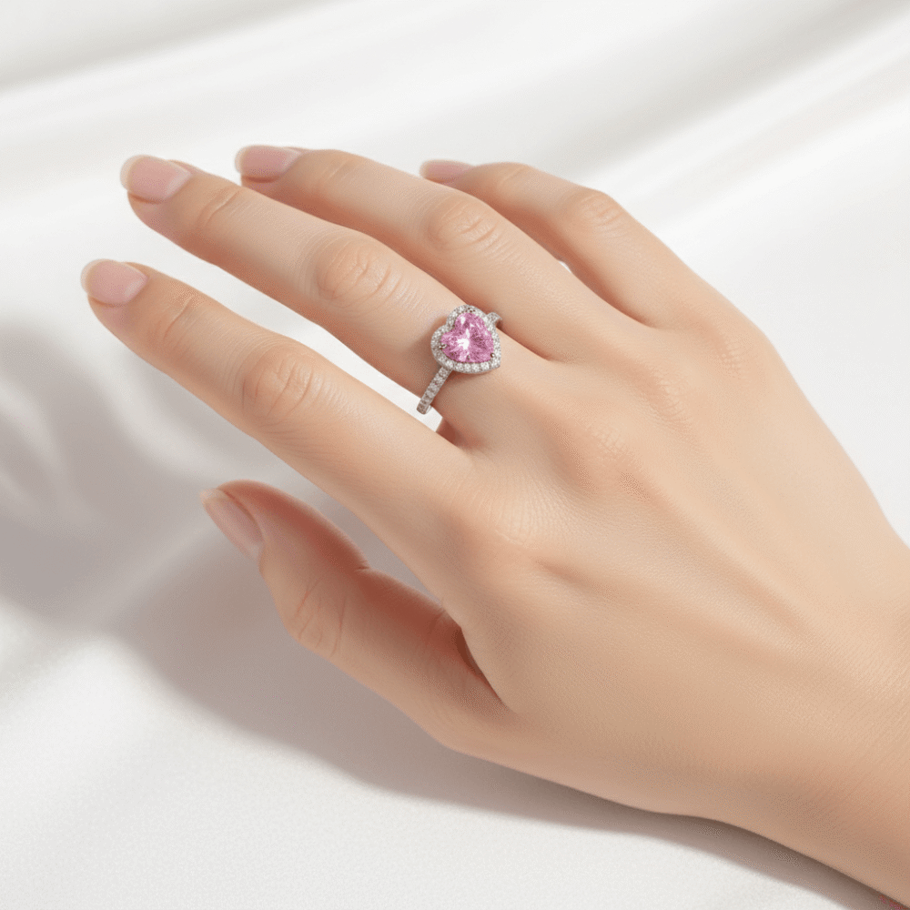 Elegant Heart-Shaped Pink Sapphire Silver Adjustable Ring