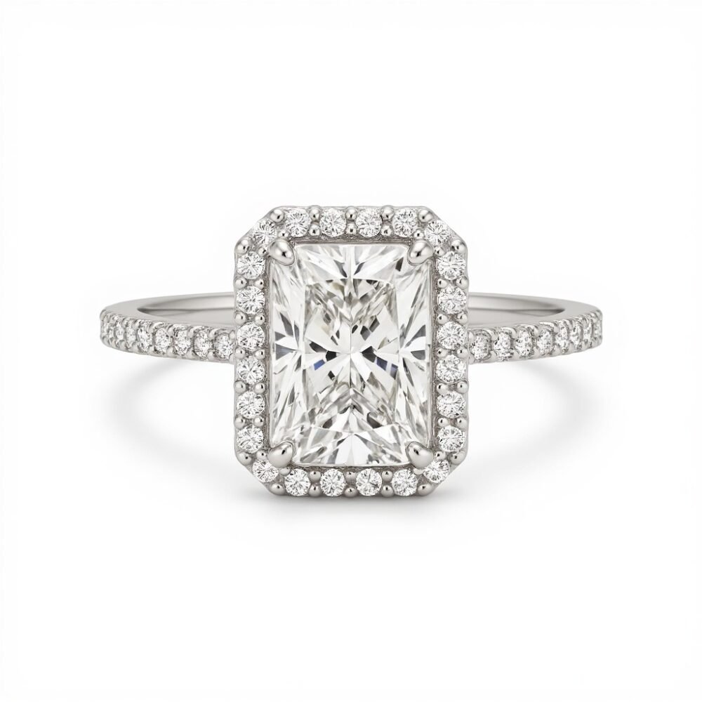 Radiant Cut Solitaire Halo Engagement Silver Ring