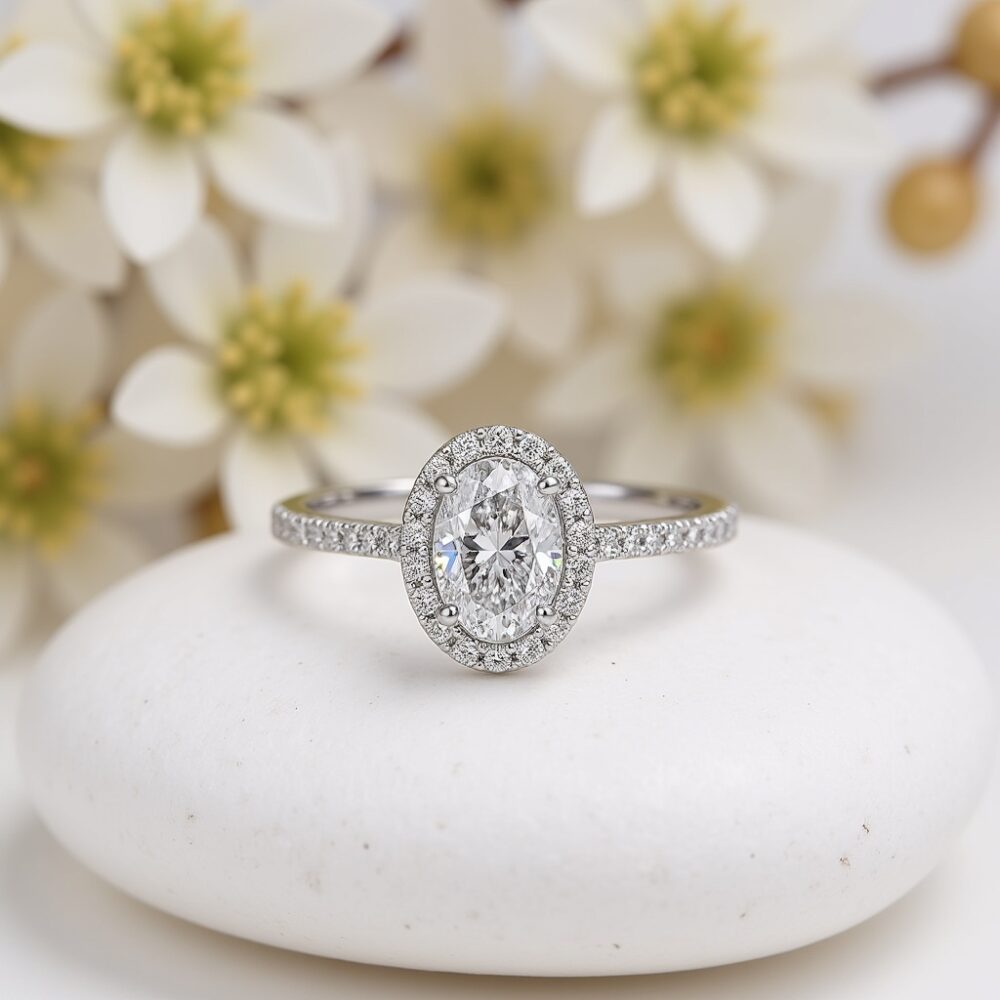 Elegant Oval Halo Diamond Engagement Ring in Sterling Silver
