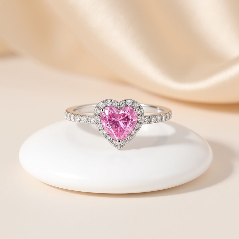 Elegant Heart-Shaped Pink Sapphire Silver Adjustable Ring