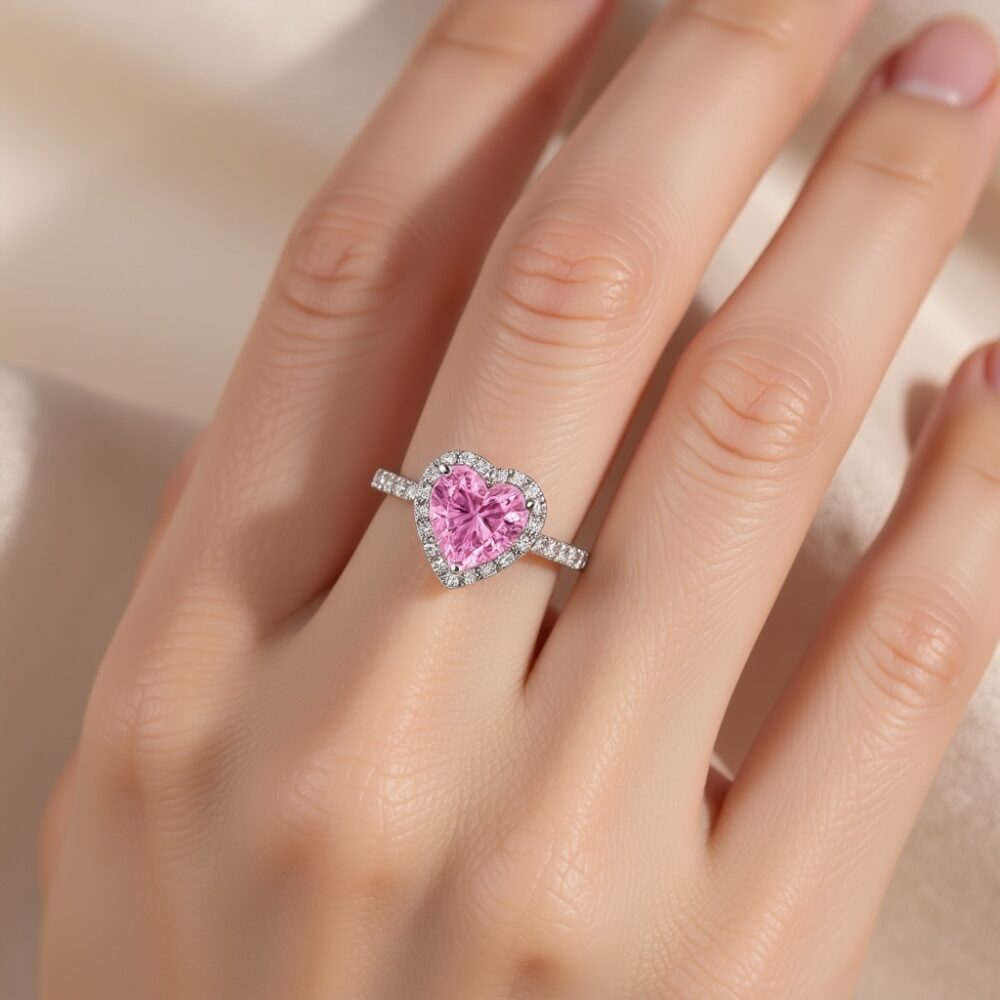Elegant Heart-Shaped Pink Sapphire Silver Adjustable Ring