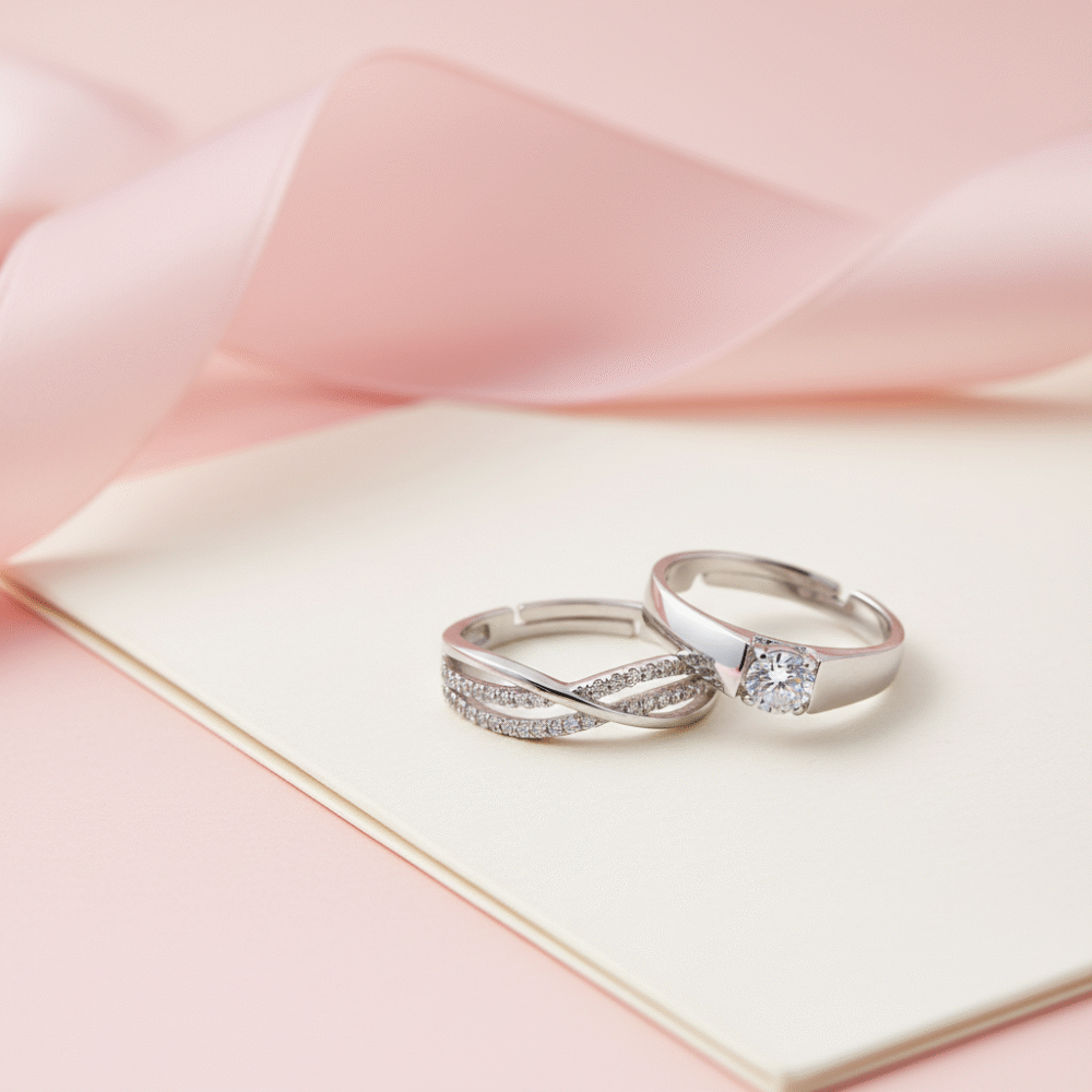 Double Line Twisted Zircon Silver Couple Ring