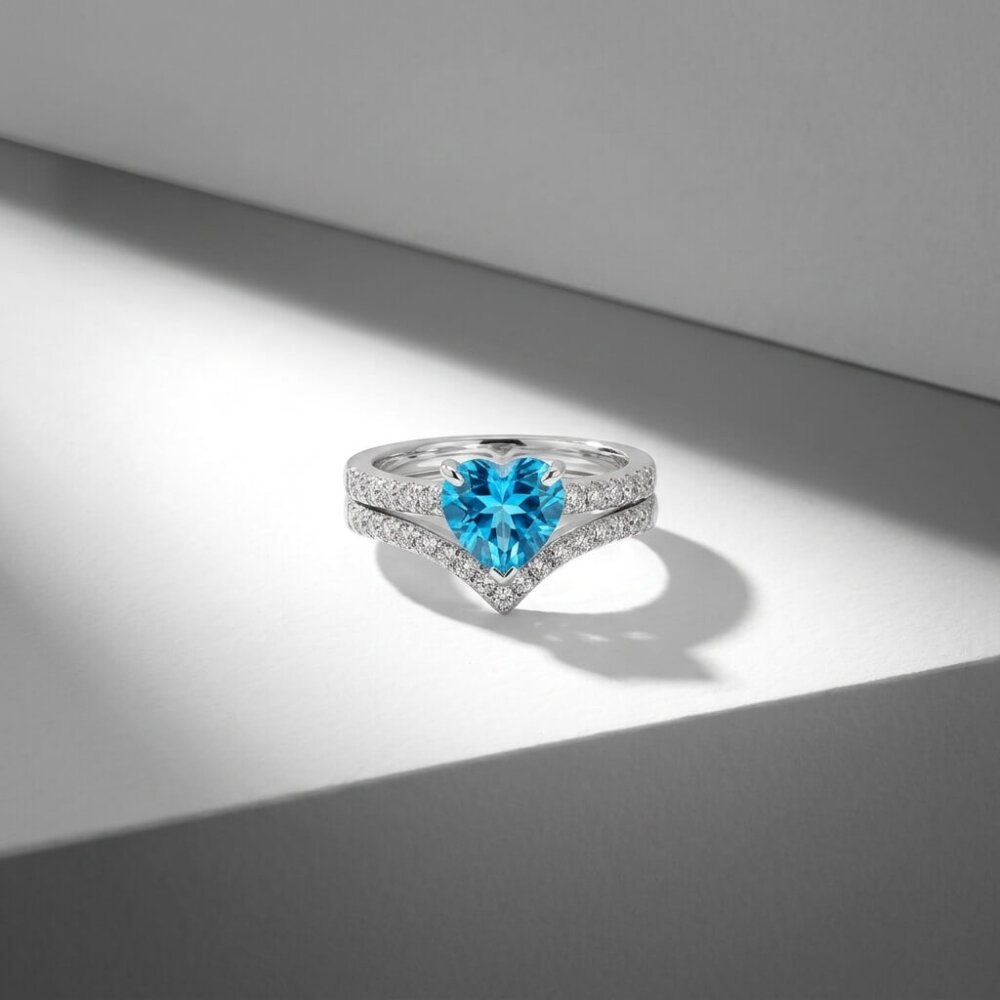 Blue Heart Solitaire & Chevron Pavé Silver Ring Set