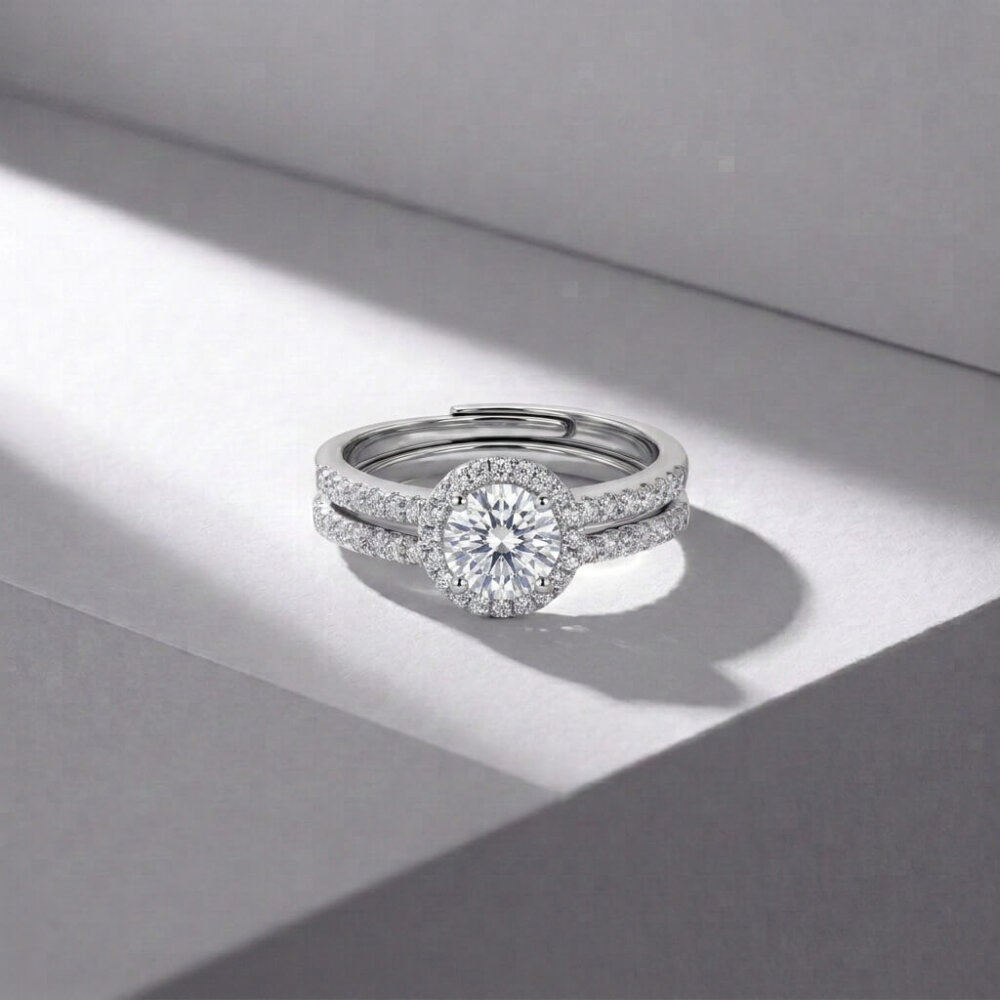 Round Halo & Double Pavé Stacking Ring Set (925 Silver)